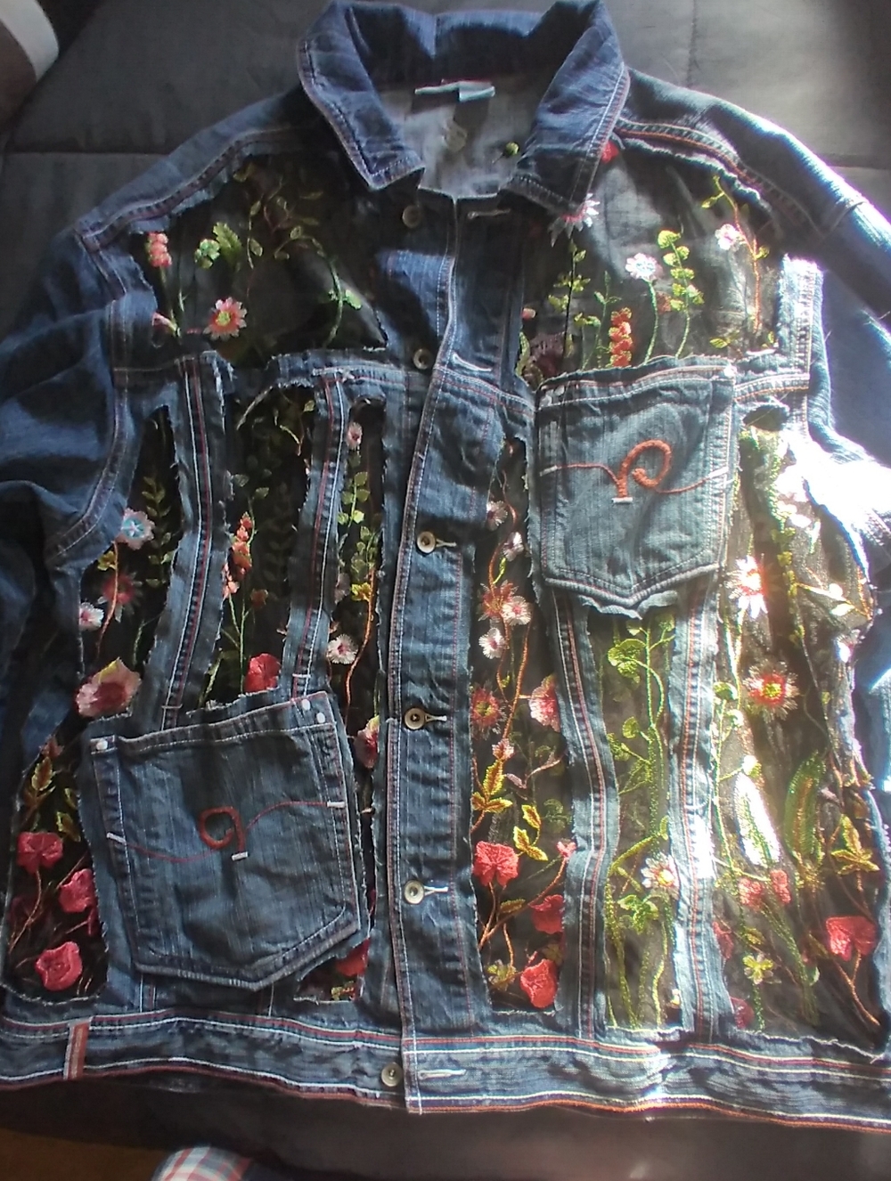 Upcycled Reworked Denim Jean Jacket W/ Floral Tulle In The Cut Out Panels